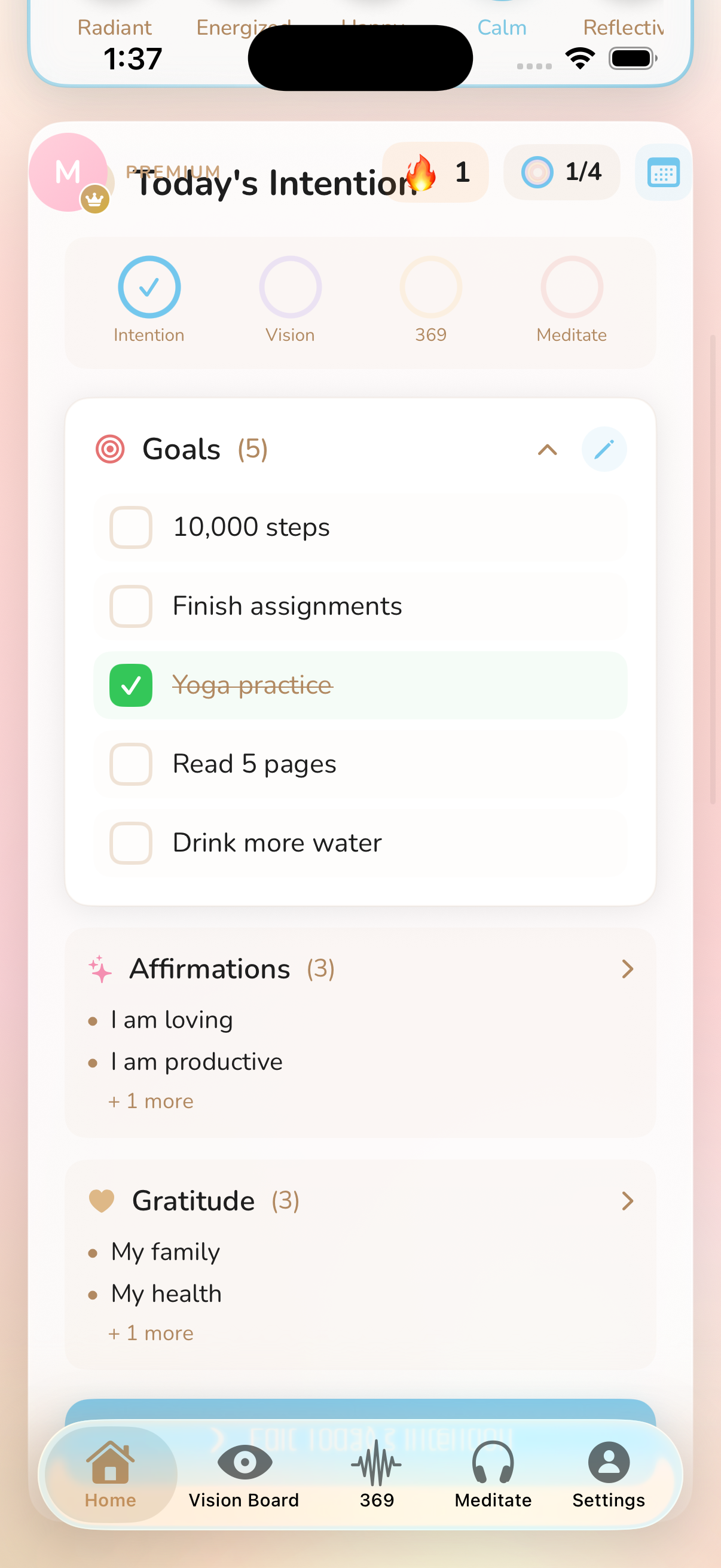 Daily Intentions Screen