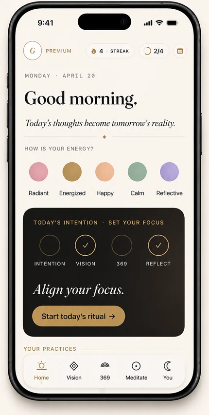 Current MYLA home screen: check your energy, set your intention and start today’s ritual